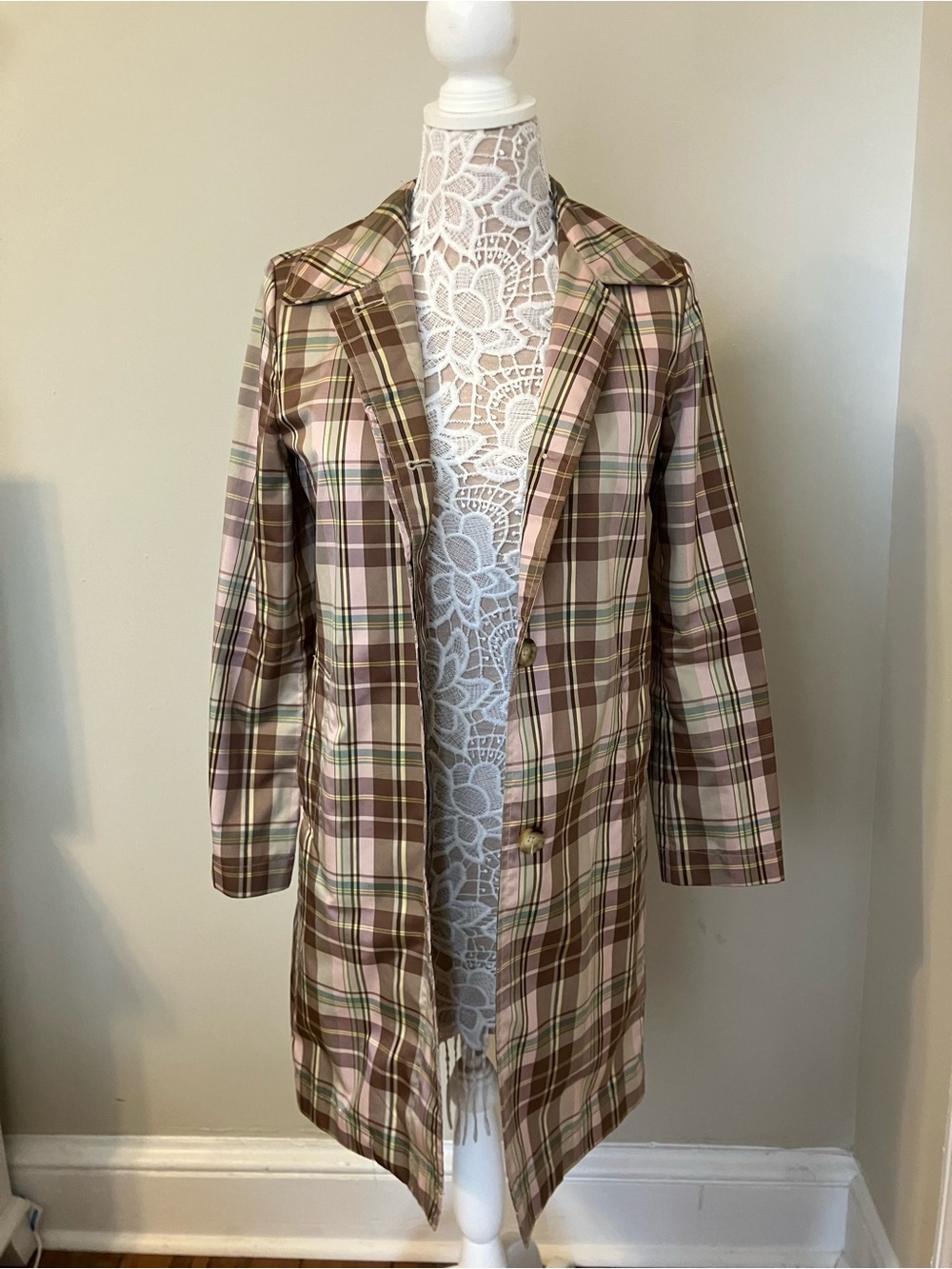 GAP Pink & Brown Plaid Trench Coat